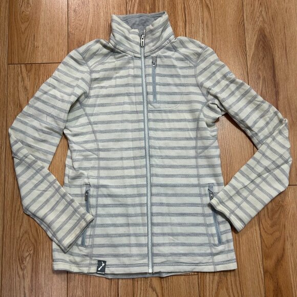 ICEBREAKER Merino Wool Full Zip Small High Neck Stripe Beige w/ Pockets GUC - Picture 1 of 5